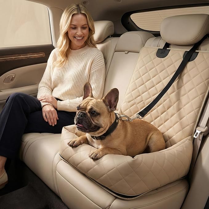 Microfiber Leather Dog Car Seat for Small & Medium Dogs, Waterproof Pet Car Seat with Washable Pee Pad, Scratch & Fur Resistant, Foldable Dog Bed for Home & Travel, Non-Slip Design, Matte Beige