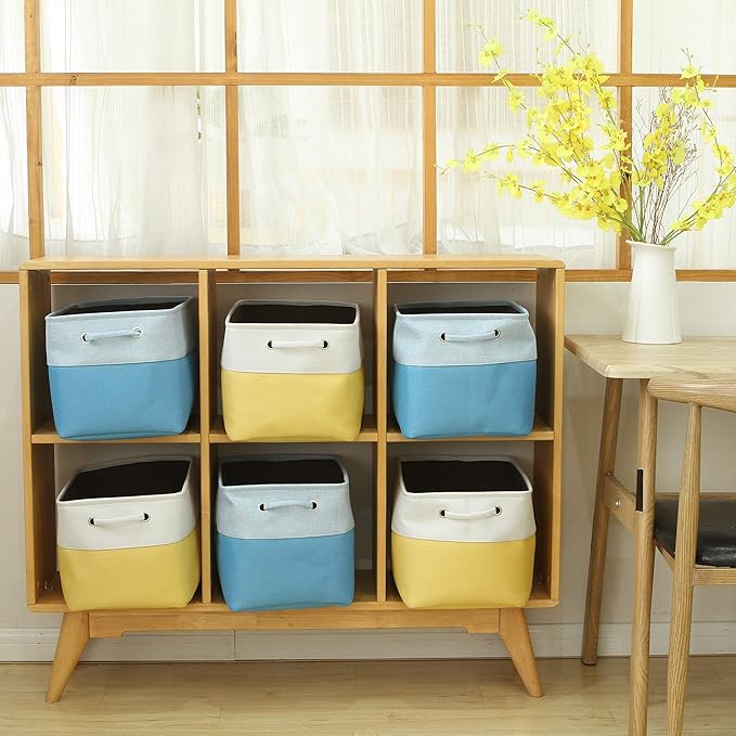 Sea Team 3-Pack Large Storage Basket Set, Trunk Organizer, Clothes Toys Bin, 15 x 10 x 10 Inches, Big Rectangular Canvas Fabric Collapsible Shelf Box with Handles for Kids Room (Yellow/White)