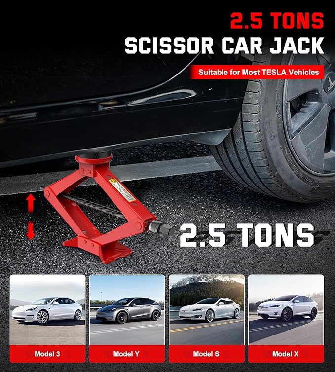 Car Jack Kit 2.5 Ton Scissor Jack for Tesla Model Y Model 3/S/X, Red Tesla Jack Kit with Tesla Pucks