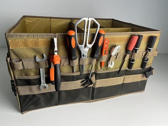 Trunk Organizer Wiith Lid For SUV Truck, Car Trunk Organizer, Truck Bed Organizer, Large, Brown, 4-Compartments With Handle