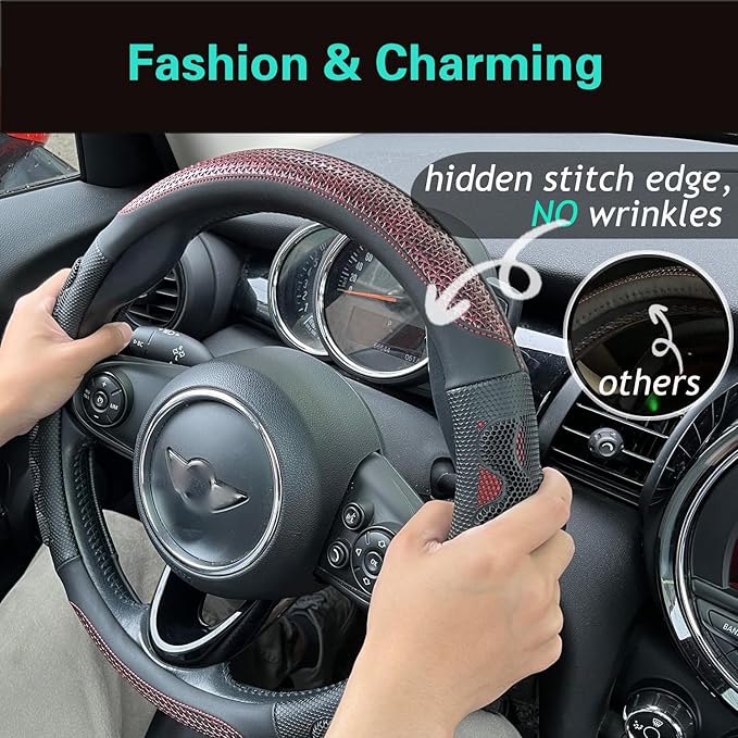 PINCTROT Small Size Steering Wheel Cover Great Grip with 3D Honeycomb Anti-Slip Design, 14 Inch (Wine Red)