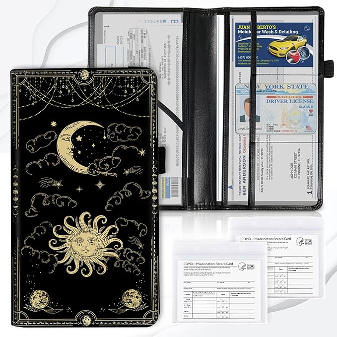 Car Registration and Insurance Card Holder, Vehicle License Documents Glove Box Compartment Organizer Wallet, ID Card Holder for Car Essentials Automobile, Sun Moon Clouds Witchy