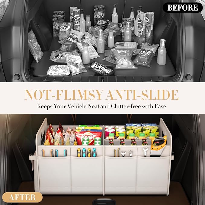 Trunk Organizer For Suv & Sedan,Car Organizers and Storage, Waterproof Collapsible & Adjustable Straps,Sturdy Car Organization for Car Accessories, Tools,Food，Sundries,2-3 Compartment（Beige）
