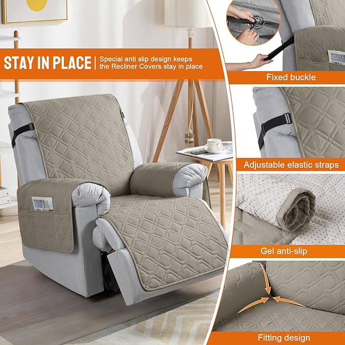 VANSOFY 100% Waterproof Recliner Chair Covers, Recliner Cover Non-Slip Dog Chair Cover Furniture Protector Washable Slipcover with Pocket, Elastic Straps for Pets, Dogs(Khaki, 22")