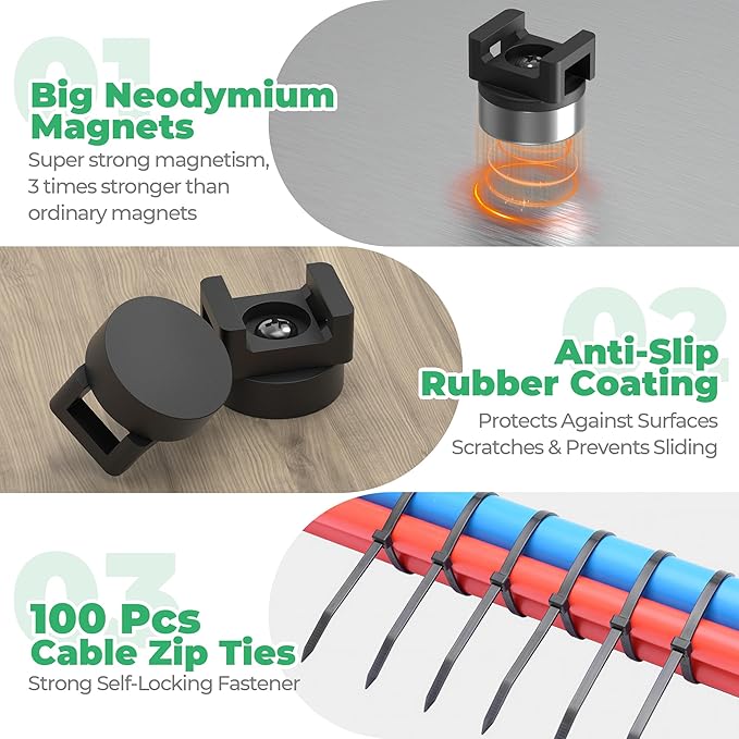 Magnetic Zip Tie Mount with 200pcs Nylon Zip Ties 25LBS Magnetic Wire Holder Multipurpose Magnet Zip Tie Mount, Waterproof Magnet Cable Tie Holders for Automotive Electrical Wiring Management