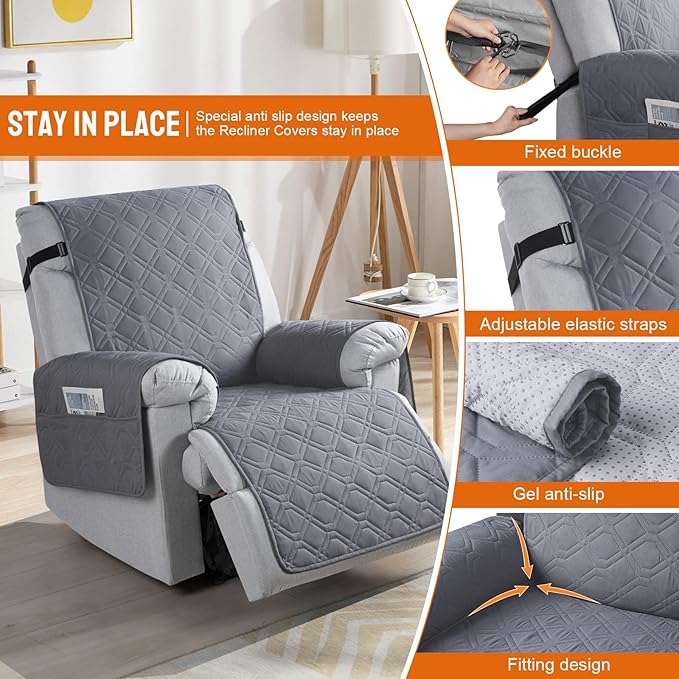 VANSOFY 100% Waterproof Recliner Chair Covers, Recliner Cover Non-Slip Dog Chair Cover Furniture Protector Washable Slipcover with Pocket, Elastic Straps for Pets, Dogs(Dark Gray, 22")