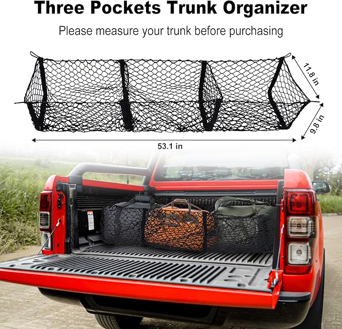 Cargo Net Trunk Bed Organizer for Ford/Dodge/GMC/Chevy Silverado/Toyota/Nissan/Honda Pickup Truck, 59" Longer Mesh Storage Net Grocery Holder Heavy Duty Automotive Cargo Net with 3 Detachable Pocket