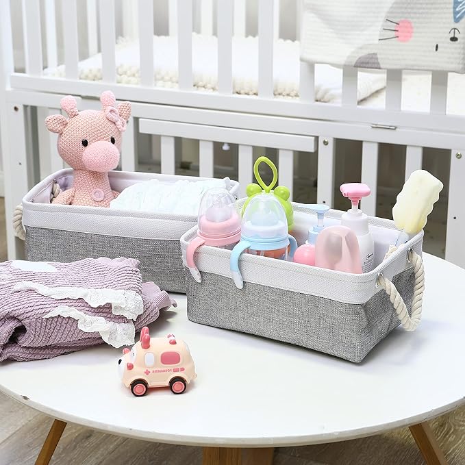 Sea Team 3-Pack Small Storage Basket Set, Storage Cube Organizer, Storage Bins, 12 x 8 x 5 Inches, Rectangle Canvas Fabric Collapsible Shelf Box with Handles for Kids Room (Grey/White)