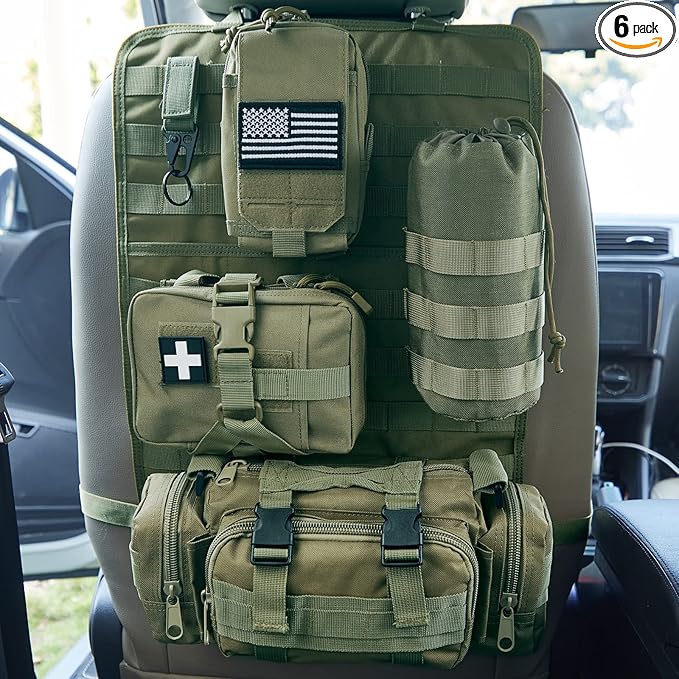 BXBXHD Universal Tactical Car Seat Back Organizer Bag - Molle Vehicle Organizers Panel with 4 Detachable Pouches (Military Green)