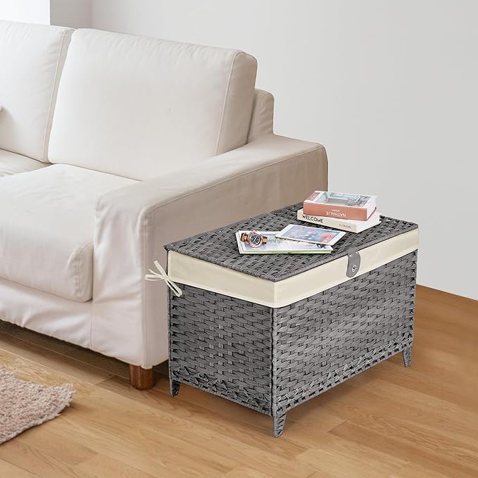 Honjourai Wicker Storage Basket with Lid,Rattan Shelf Basket with Removable Liner Bag,160L Storage Bin,Storage Trunk with Heightened Feet,Storage Container for Wardrobe,Home Organizer