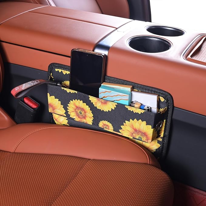 Universal Fit Car Seat Gap Filler Organizer Front Seat Set Divider Crevice Pockets Storage Box Auto Interior,Prevent from falling through gaps,Holds Glasses Phone key (2, Sunflower pattern)