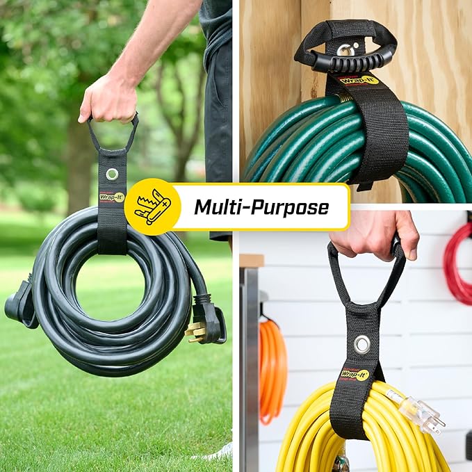 Easy-Carry Wrap-It Storage Straps - Assorted 3-Pack Black with Grommet - Power Cord Organizer Carrying Straps for RV Hose Storage and Accessories