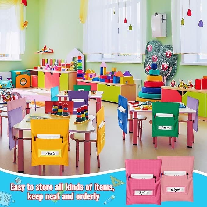 Chair Pockets for Classroom Chairback Pocket Chart 14 x 18 Inch Desk Organizer Pocket Chair Bag for Seat School Classroom (Classic,Bright,24 Pcs)