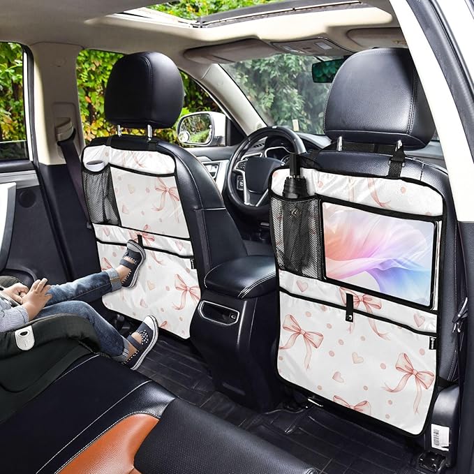 Pink Bows Backseat Organizer 1 Pack Kick Mats with Pockets Backseat Protector Seat Covers for Car Storage Travel Accessories