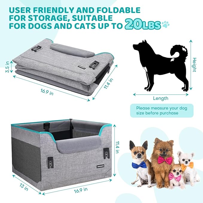GENORTH Dog Car Seats for Small Dogs, Pet Booster Seat Under 20 lbs, Puppy Car Seat with Folded Metal Frame and Raised Cushion, Enhanced Version