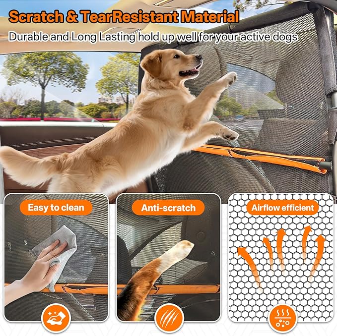 Dog Barrier for SUV - 50" Wide Escape-Proof Dog car Divider Back seat Barrier, Durable Nylon/PVC Mesh Net | Foldable Car Dog Barrier for Trucks, Mid-Sized Vehicles & SUVs