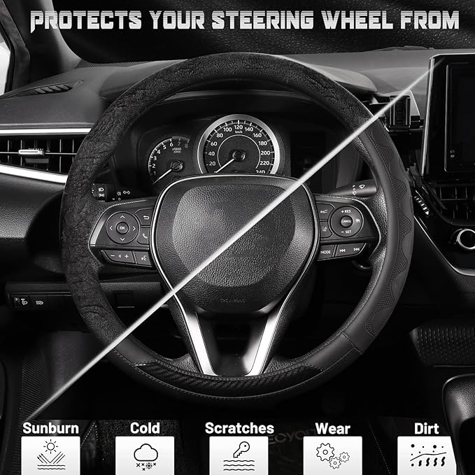 SEG Direct Car Steering Wheel Cover Large Size for F150 F250 F350 Ram 4Runner Tacoma Tundra Range Rover 15 1/2"-16" Embossed Microfiber Leather with Carbon Fiber Pattern Black