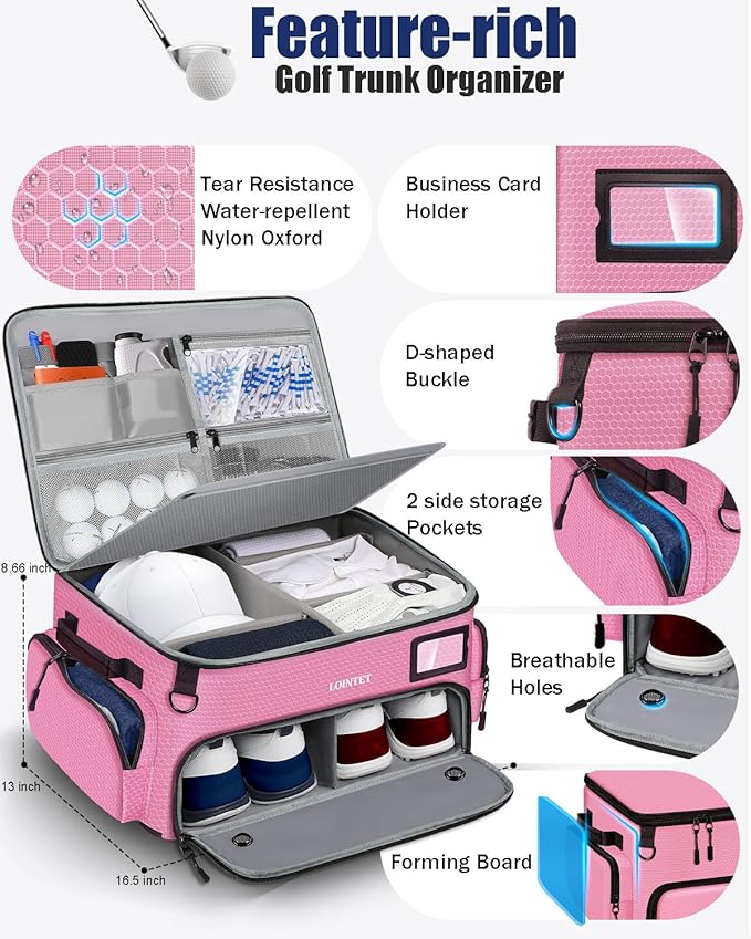 Golf Trunk Organizer, Waterproof Car Golf Locker with Separate Ventilated Compartment for 2 Pair Shoes, Golf Storage for Balls, Tees, Cap, Clothes, Gloves, Accessories, Gifts for Men, Women