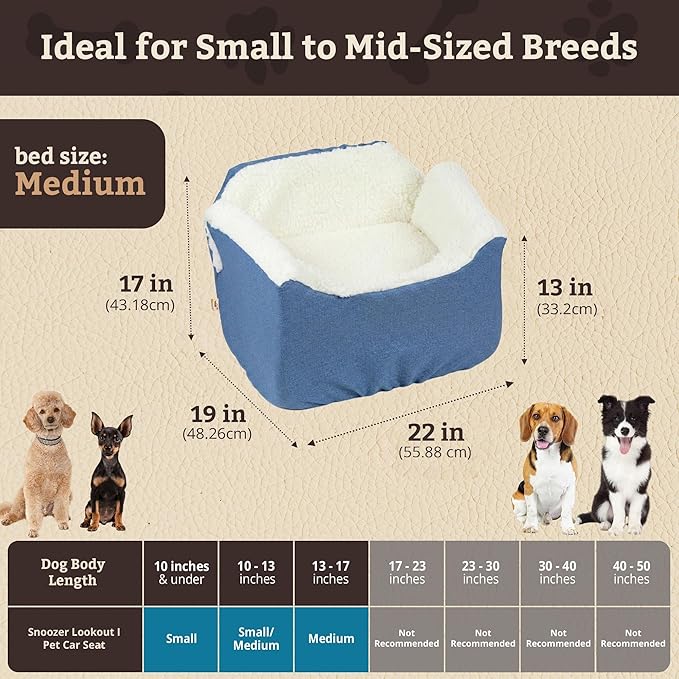 Snoozer Dog Car Seat: Lookout I Dog Booster Car Seat for Pets up to 25lbs, Helps Alleviate Travel Sickness & Fear for Dogs, Removable Washable Cover – Denim Diamond, Size Medium