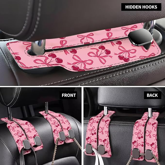 Car Seat Back Storage Headrest Hook, Premium Leather Double Metal Hook, Hanger Storage Organizer for Purse Cloth Bag, Car Interior Accessories Pink Bow Cherry