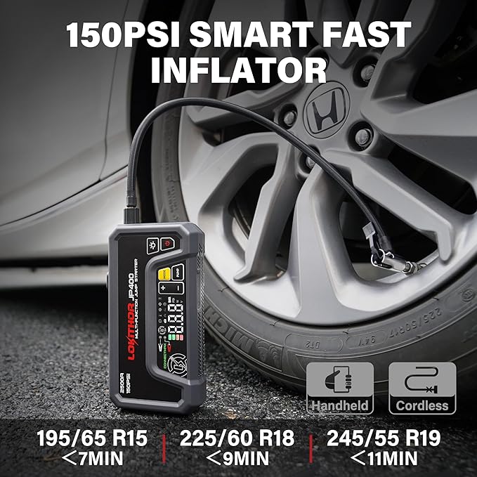 LOKITHOR JP400 Jump Starter with Air Compressor, 2500A 12V Car Battery Jumper Starter Portable (8.5L Gas/6.5L Diesel) with ConnectMax Tech, 150PSI Tire Inflator, Auto-Shutoff & Dynamic Dwell