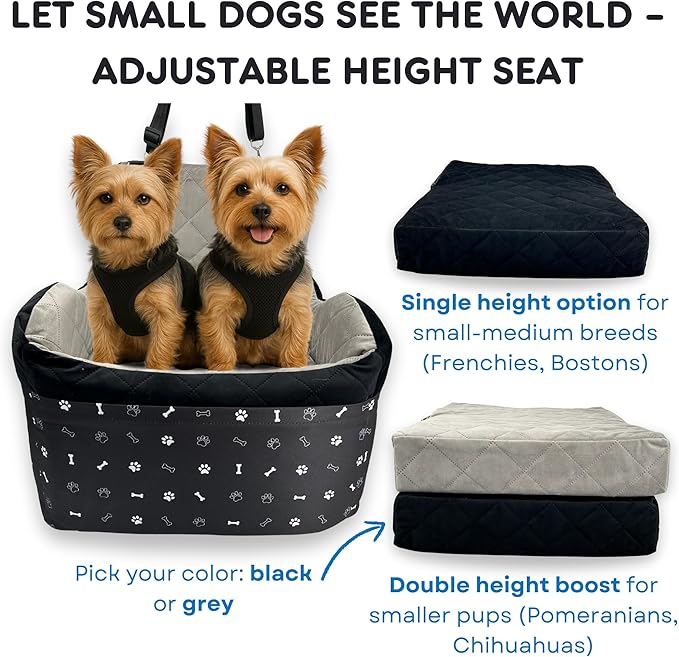 OtterPets Small Dog Car Seat, Memory Foam Dog Booster Car Seats with Thick Cushion for Medium Dogs Under 35lbs, 3Storage Pockets with Zipper, 2 Safety Belts (Black, Regular)