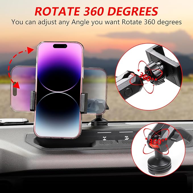 Bronco Phone Holder Car Phone Mount for 2021-2026 Ford Bronco 2/4 Door, 360° Adjustable, Dashboard Cell Phone Stand, Aluminum Car Phone Holder Mount, Black