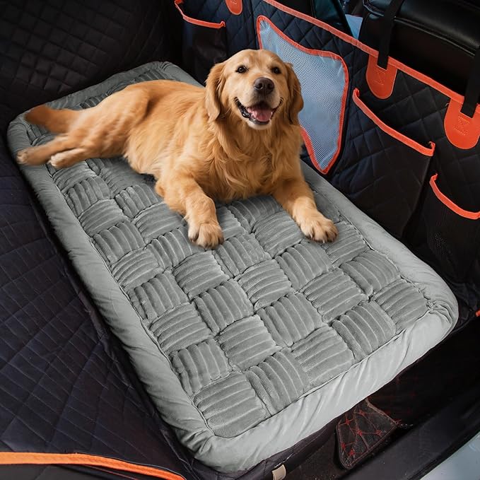 Soulbond Dog Bed for Car Back Seat Soft Plush Backseat Pet Bed Mat Non-Slip Travel Pet Mat, Fuzzy Plaid Dog Seat Cover, Fit for Backseat Extenders and Trucks SUVs (Light Gray, 54" x 24.8")