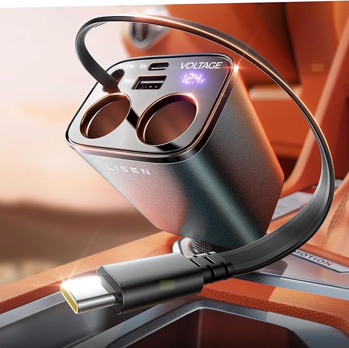 LISEN Car Cigarette Lighter Splitter, Metal 90W Dual Cigarette Lighter Adapter Metal with PD30W Retractable Car Charger, LED Voltage12V/24V Car Charger Splitter for iPhone 16, GPS, DashCam