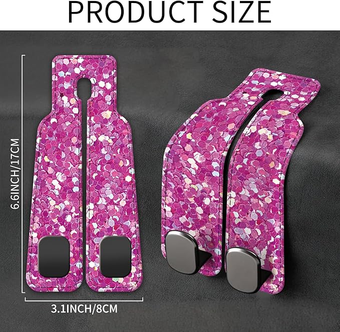 Car Seat Back Storage Headrest Hook, Premium Leather Double Metal Hook, Hanger Storage Organizer for Purse Cloth Bag, Car Interior Accessories Glitter Pink Pattern