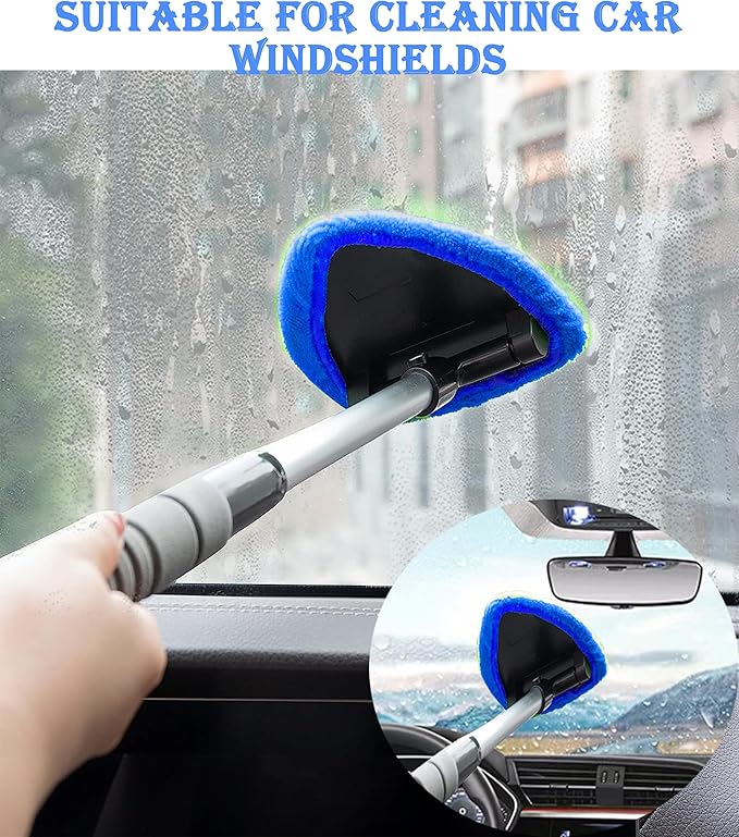 Windshield Cleaner Tool With Reusable Microfiber Pads - Car Window Glass Wiper Kit With Extendable Handle for Cleaning (1, Blue)