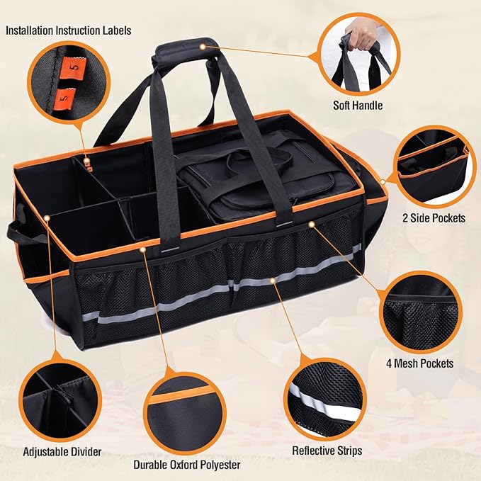 Car Front Trunk Organizer with Cooler Bag Compatible with Tesla Model Y Model 3 2020-2026, Foldable Grocery Frunk Storage Bag Collapsible for Car SUV with Multi Compartment，Black