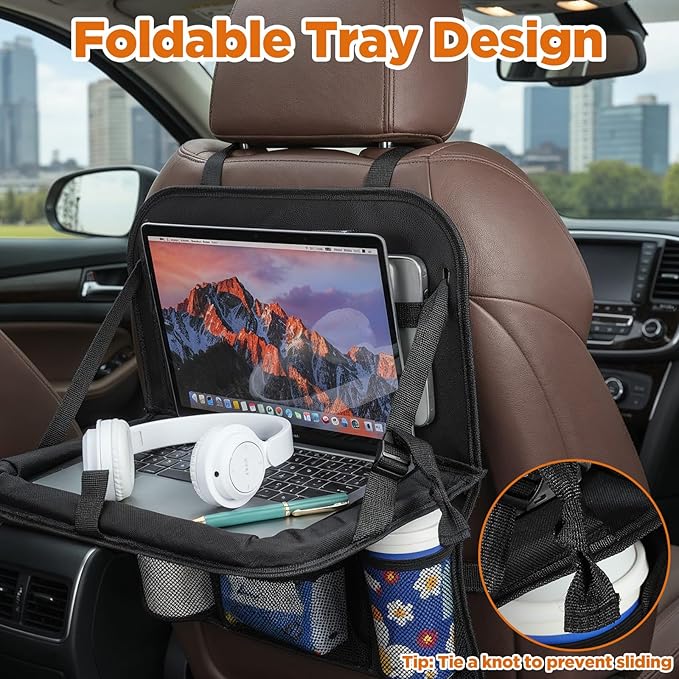 2 Pack Backseat Car Organizer with Touch Screen Tablet Holder, Travel Accessories with 9 Storage Pockets, Seat Back Protectors, Kick Mats for Kids & Adults, Fits Most Vehicles (Black)