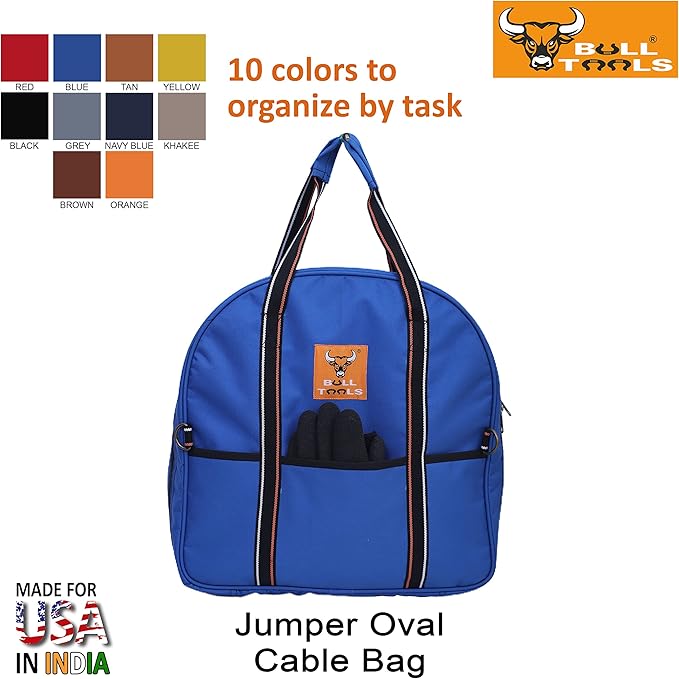 BULL TOOLS EV Charging & Jumper Cable Storage Bag, Organizer 6 Pocket Handmade Carry Bag - 15x15x4 Inch Waterproof Ballistic Polyester Oval Bag, Cords, Small Tools, For Motor Vehicles - Blue