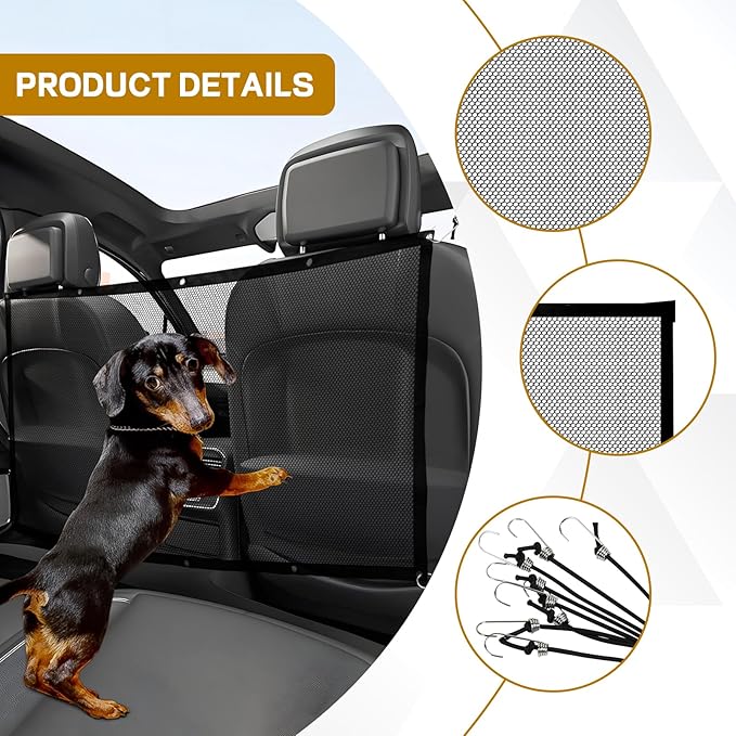 Dog Car Net Barrier, 43"×28" Automotive Pet Barrier Net, Adjustable Pet Mesh Divider for Back Seat, Backseat Mesh Fence for Pets & Kids, Easy to Install, Universal Car Accessories (Large)