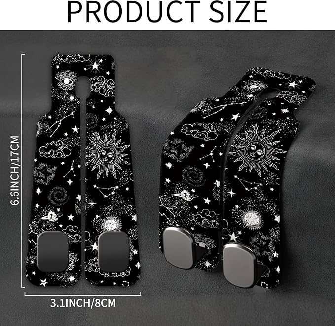 Car Seat Back Storage Headrest Hook, Premium Leather Double Metal Hook, Hanger Storage Organizer for Purse Cloth Bag, Car Interior Accessories Black White Sun Moon