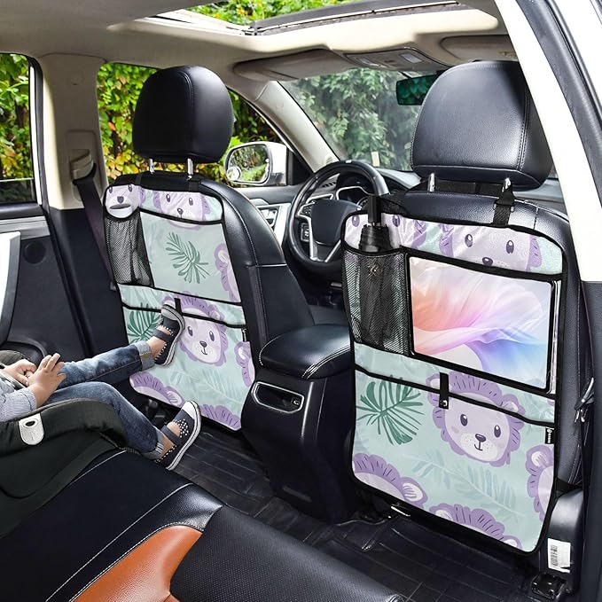 Cute Green Lion and Palm Leaves 2 Pack Backseat Car Organizer with Storage Pockets Seat Back Organizers for Kids Kick Mats Backseat Protector Automotive
