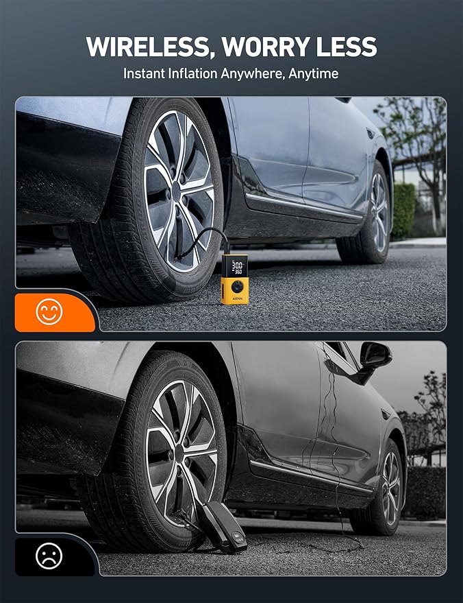 AstroAI Tire Inflator L7S Portable Air Compressor Cordless Bike Air Pump with Digital Dual Values Display, 150 PSI Car Tires Pump with LED Lights Air Pump for Auto, Motorcycles, Bikes, Balls Yellow