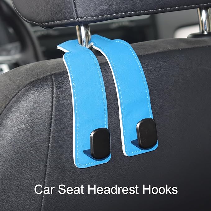 Purse and Bag Hook for Car, Zinc Alloy Seat Headrest Hooks, Upgraded Leather Car Seat Back Purses Hanger and Bags Holder (Blue, 2Pack)