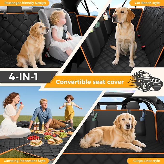 Dog Car Seat Cover for Back Seat,100% Waterproof Scratch Proof Nonslip Seat Cover,600D Heavy Duty Scratch Proof Nonslip Durable Soft Dog Hammock for Car(Orange)
