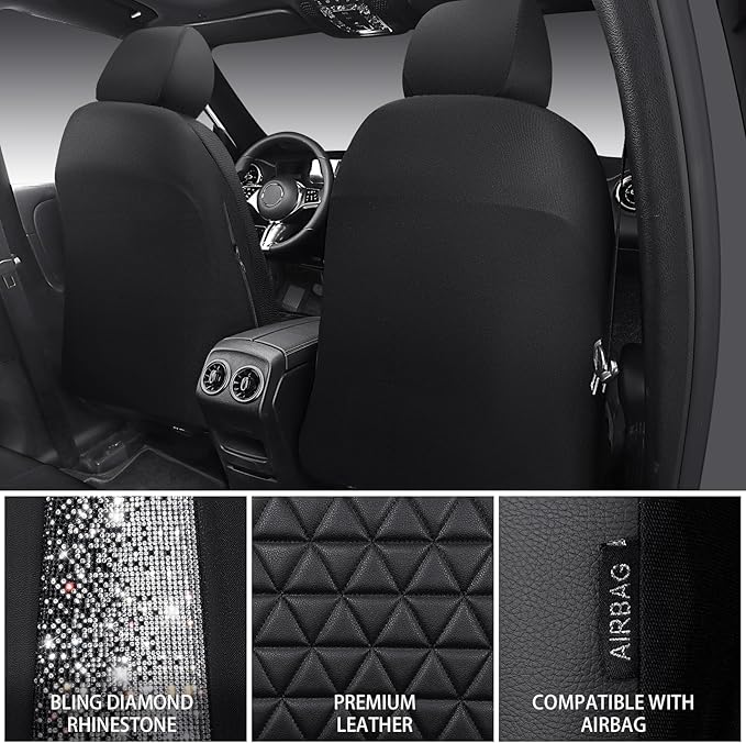 CAR PASS Bling Diamond Black Leather Car Seat Covers Full Sets Interior Sets, Waterproof Shining Glitter Sparkly Crystal Universal Armrest Fit Automotive Truck SUV Cute Women Girl, Black PU Rhinestone