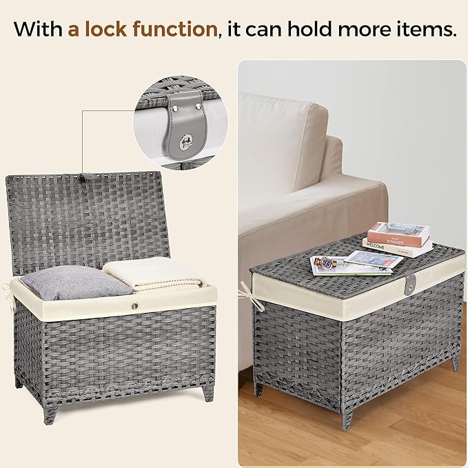 Honjourai Wicker Storage Basket with Lid,Rattan Shelf Basket with Removable Liner Bag,160L Storage Bin,Storage Trunk with Heightened Feet,Storage Container for Wardrobe,Home Organizer