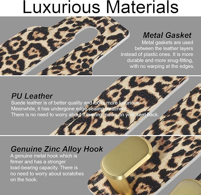 Purse and Bag Hook for Car, Zinc Alloy Seat Headrest Hooks, Upgraded Leather Car Seat Back Purses Hanger and Bags Holder (Leopard, 2Pack)