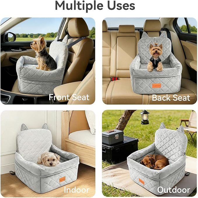 Dog Car Seat for Small/Medium Dogs Up to 35lbs,Elevated Cushion Fits in Front/Back Seat,Travel Safety Per Car Bed with Washable Removable Cover, Storage 2 Pockets Grey