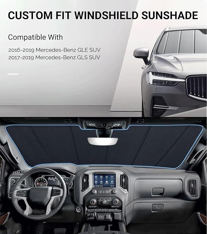 Pigenius Windshield Sun Shade for Mercedes-Benz GLE SUV 2016-2019, GLS SUV 2017-2019 Custom Front Window Sunshade - Safeguard