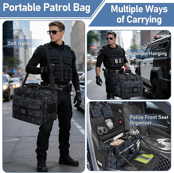 Patrol Bag Law Enforcement, Police Gear Bag Car Front Seat Organizer for Police with Laptop Layer and Cup Holders, MOLLE System, Fits Vehicle Passenger Seat, Black Camo