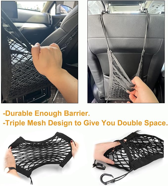 DoL Car Dog Net Barrier. Pet Mesh Barrier with Storage Bag for Water Bottles,DVDs. Stretchable Organizer Bag for Jeep,Off-Road,Pickup SUV. Barrier of Backseat Pet Kids.