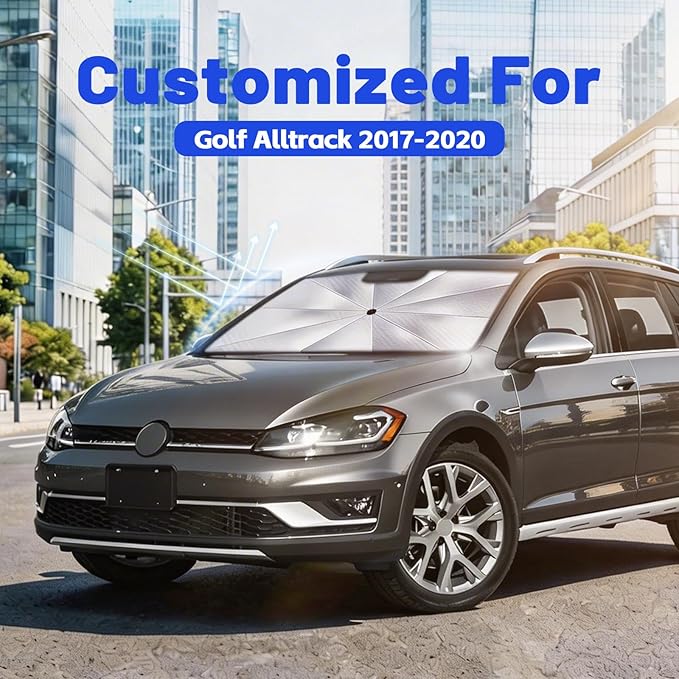 Car Windshield Sun Shade for Volkswagen Golf Alltrack 2017-2020 –[Reflective Coated Fabric] Sunshade Umbrella for Front Window, Car Shades Sun Visor Keep Car Cool and Protects Interior, 1:1 Exact Fit