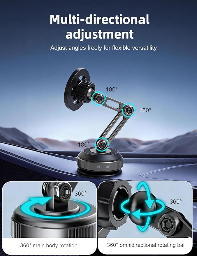 Zinc Alloy Car Phone Mount for Magsafe with N52 Magnet & Vacuum Suction, 360° Rotatable Magnetic Phone Holder for iPhone 17-12, Foldable Phone Stand for Car Windshield, Dashboard and Desk