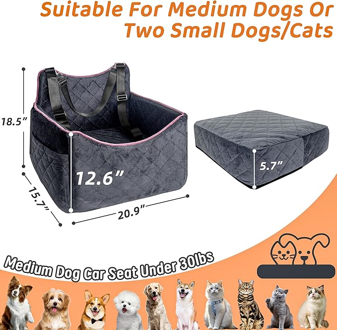 Dog Car Seat for Medium Sized Dogs 30 lbs, Safety Dog Booster Seat for Small Dogs with Secure Safe Buckles & Clip-On Leash, Soft Waterproof Washable Travel Doggy Car Seat with Storage Pockets(Gray)